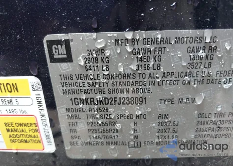 2015 Chevrolet Traverse Ltz from USA, damaged, VIN 1GNKRJKD2FJ238091